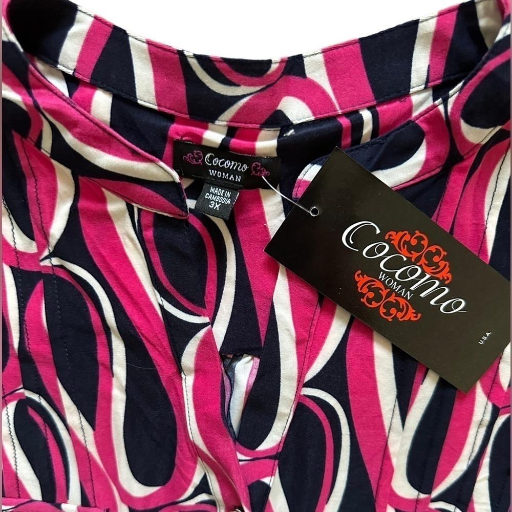 COCOMO 3X Navy Blue Pink Plus Size 3/4 sleeve women's Pintuck Blouse top s… - Picture 6 of 11